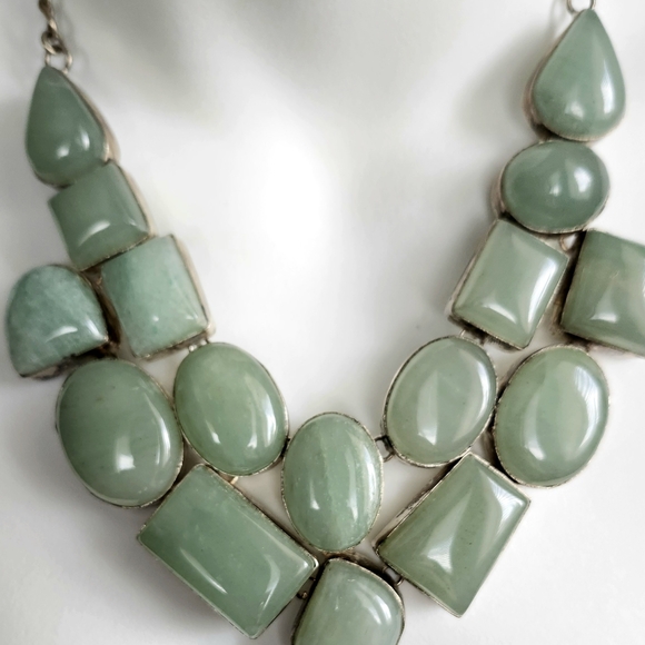 Genuine Green Jade Necklace, 925 Sterling Silver Statement Bib Necklace - Picture 6 of 11